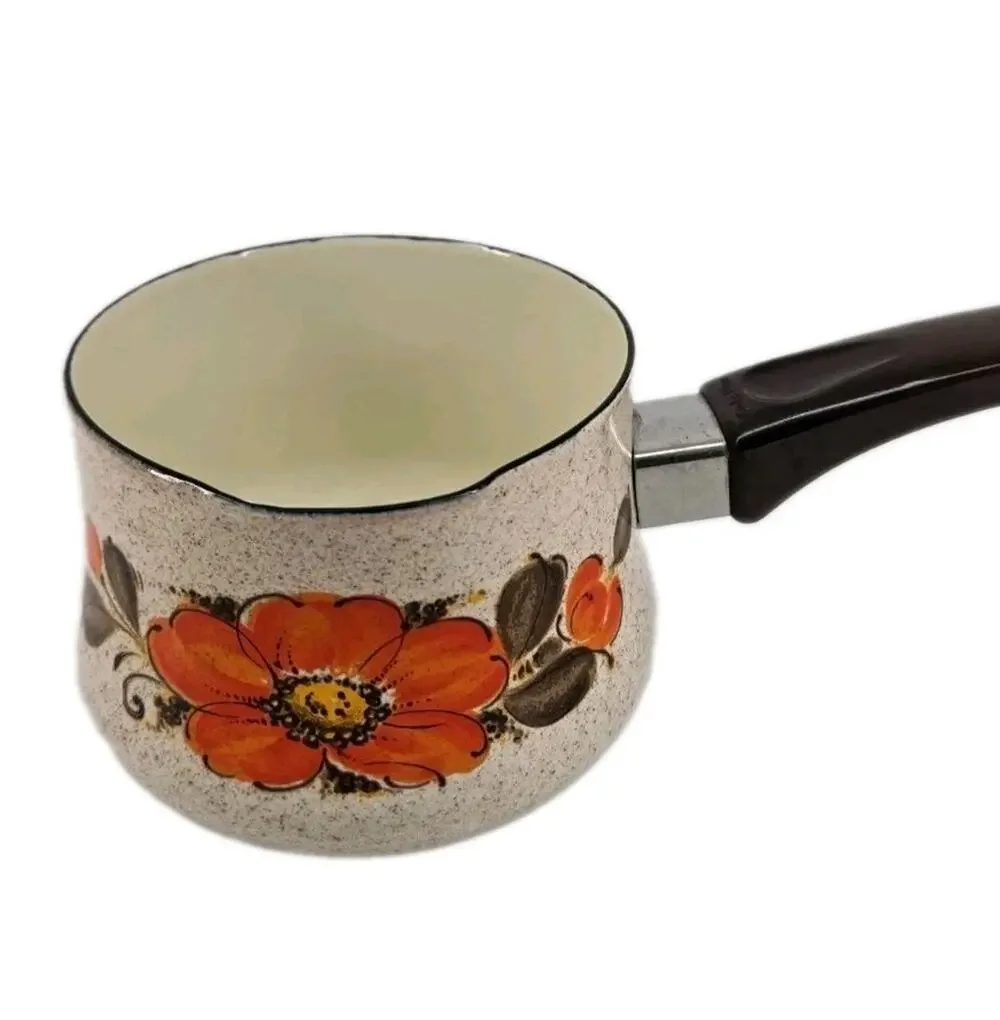 MCM Orange Flower Sanko Ware Pouring Sauce Pan Show Pans Enamel Cookware 1970s